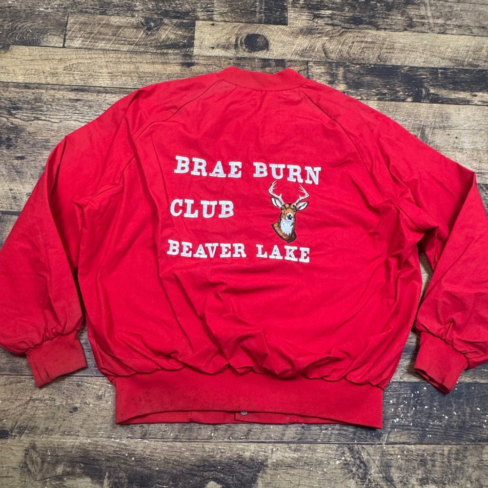 Vintage Brae Burn Club Beaver Lake Bomber Jacket Red Mens‎ 2XL Poly Cotton